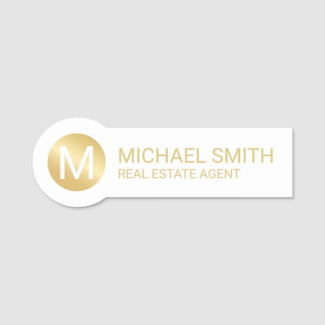 White and Gold Personalised Monogram and Name Tag (Front)