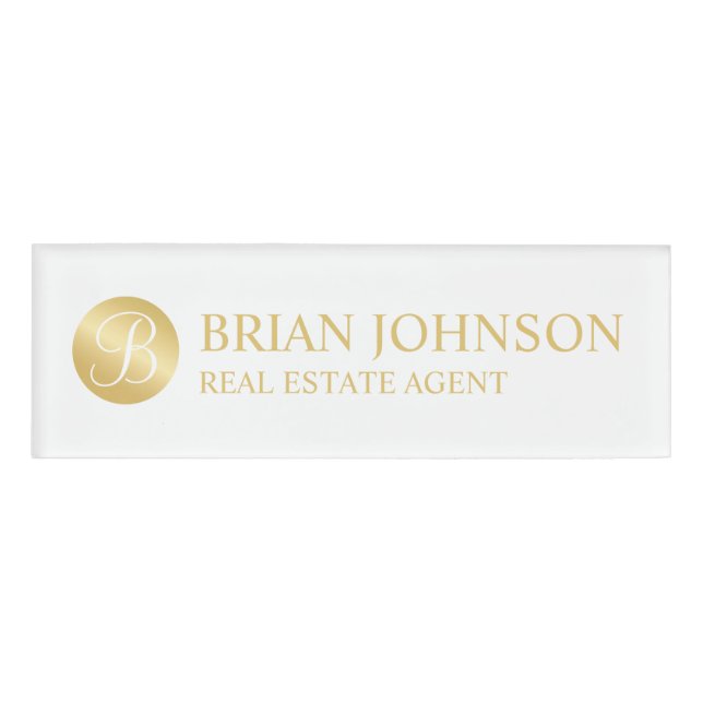 White and Gold Personalised Monogram and Name Tag (Front)