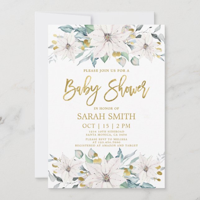 White and gold poinsettia Christmas Baby Shower Invitation (Front)