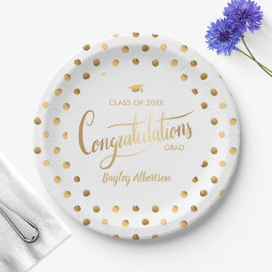White and Gold Polka Dot Congrats Grad Graduation Paper Plate