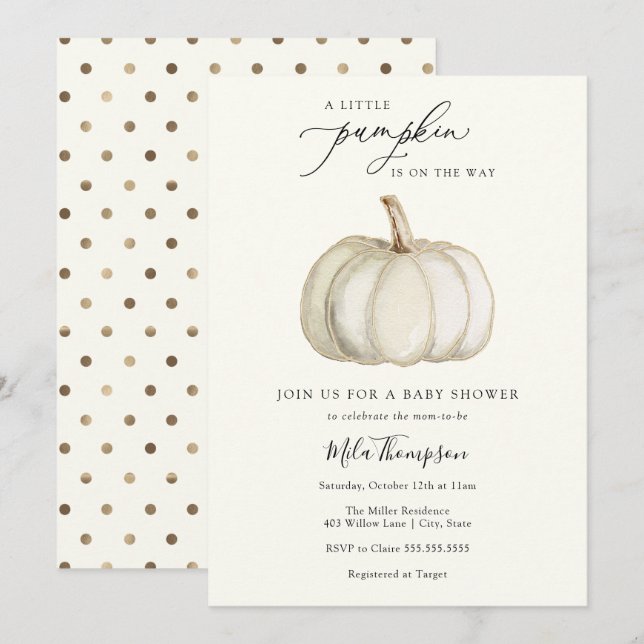 White and Gold Pumpkin Baby Shower Invitation (Front/Back)