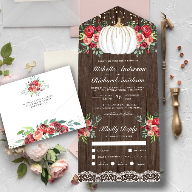 White and Gold Pumpkin Burgundy Floral Wedding All In One Invitation (Creator Uploaded)