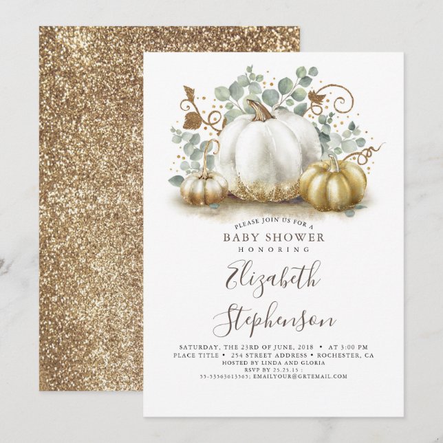 White and Gold Pumpkins Fall Baby Shower Invitation (Front/Back)