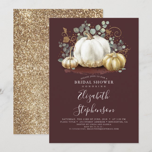 White and Gold Pumpkins Fall Bridal Shower Invitation (Front/Back)