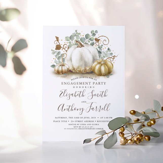 White and Gold Pumpkins Fall Engagement Party Invitation (Eucalyptus Greenery and Pumpkins Fall Engagement Party Invitations)