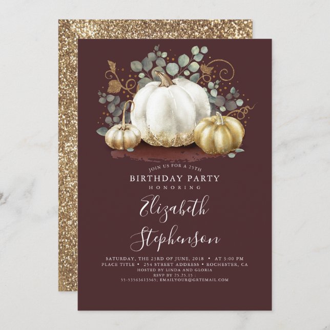 White and Gold Pumpkins Fall Harvest Birthday Invitation (Front/Back)
