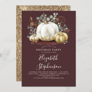 White and Gold Pumpkins Fall Harvest Birthday Invitation
