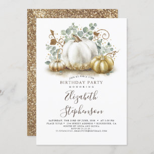 White and Gold Pumpkins Fall Harvest Birthday Invitation