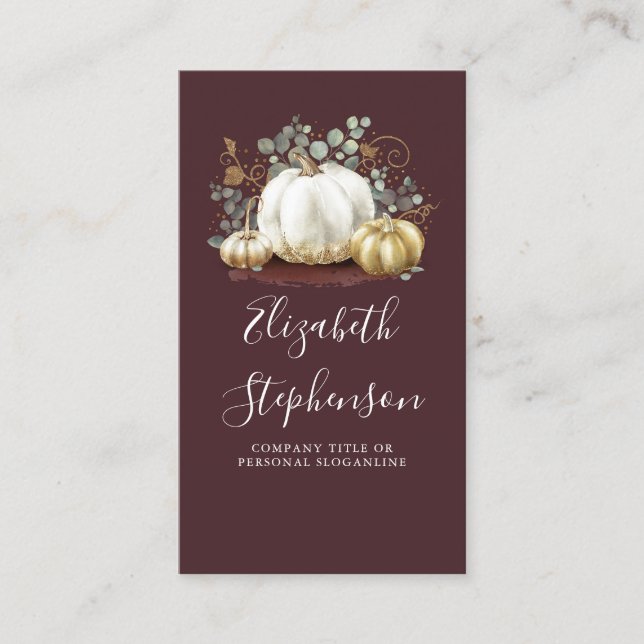 White and Gold Pumpkins Fall Harvest Burgundy Red Business Card (Front)