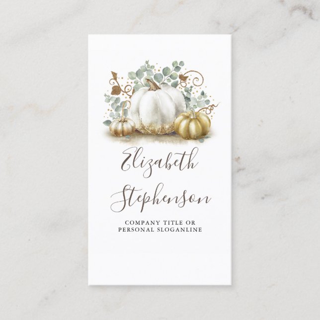White and Gold Pumpkins Fall Harvest Decor Business Card (Front)