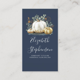 White and Gold Pumpkins Fall Harvest Navy Blue Business Card