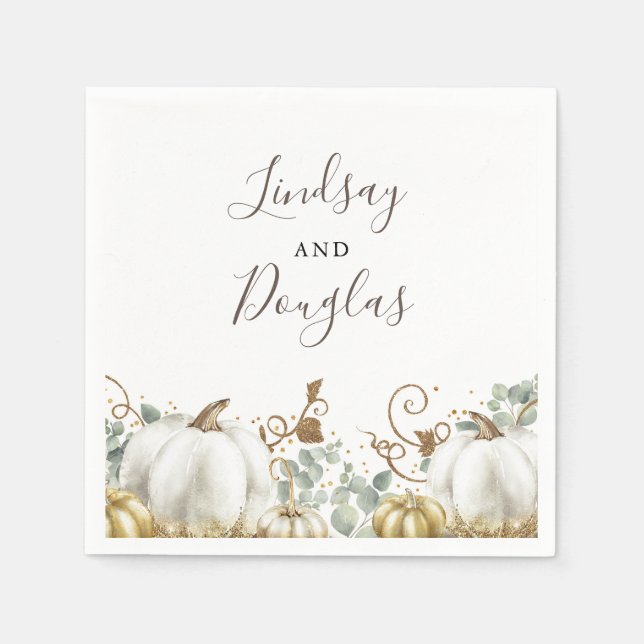 White and Gold Pumpkins Fall Harvest Wedding Napkin (Front)