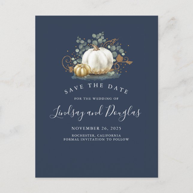 White and Gold Pumpkins Fall Save the Date Announcement Postcard (Front)