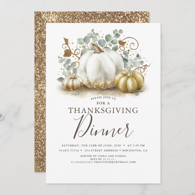 White and Gold Pumpkins Fall Thanksgiving Dinner Invitation (Front/Back)