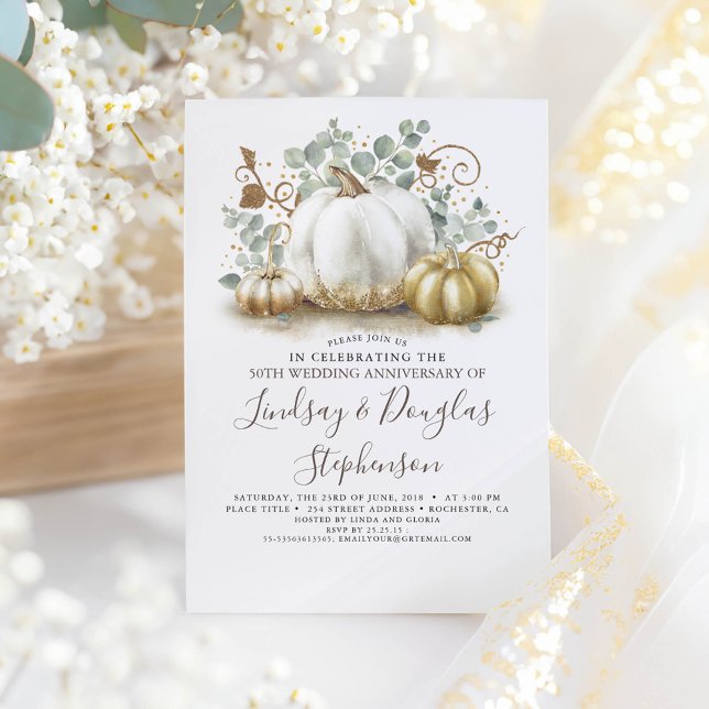 White and Gold Pumpkins Fall Wedding Anniversary Invitation (Greenery and Gold Pumpkins Fall Wedding Anniversary Invitations)
