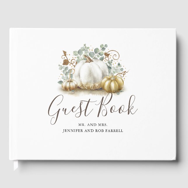 White and Gold Pumpkins Fall Wedding Guest Book (Front)
