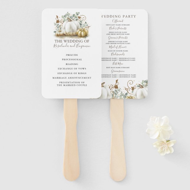 White and Gold Pumpkins Fall Wedding Program Hand Fan (Front and Back)