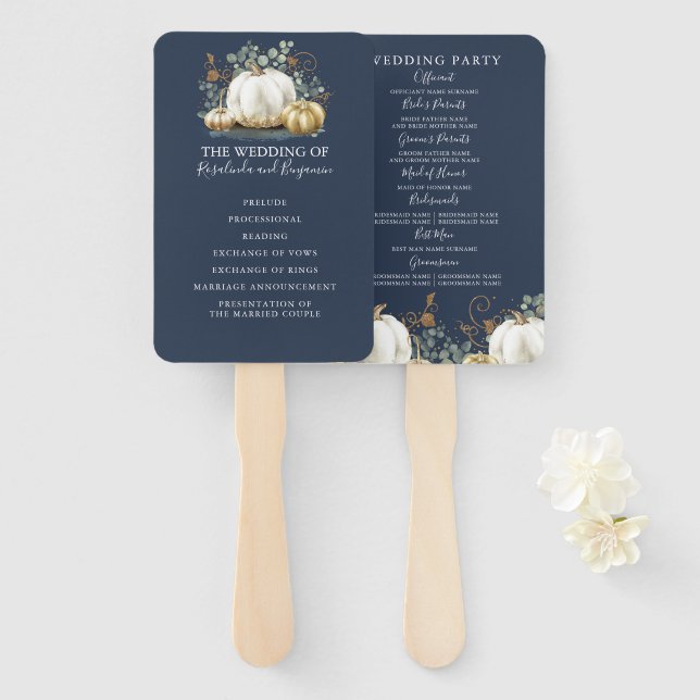White and Gold Pumpkins Fall Wedding Program Hand  Fan (Front and Back)