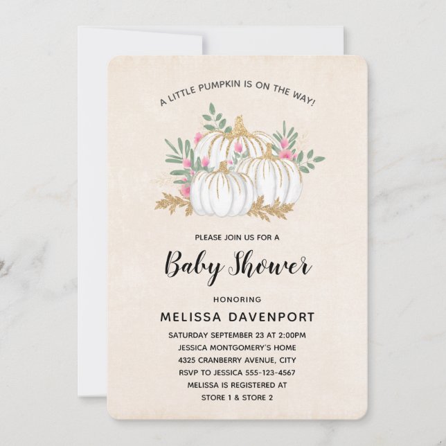 White and Gold Pumpkins Watercolor Baby Shower Invitation (Front)