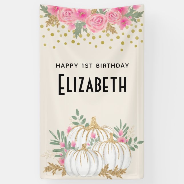 White and Gold Pumpkins Watercolor Birthday Banner (Vertical)