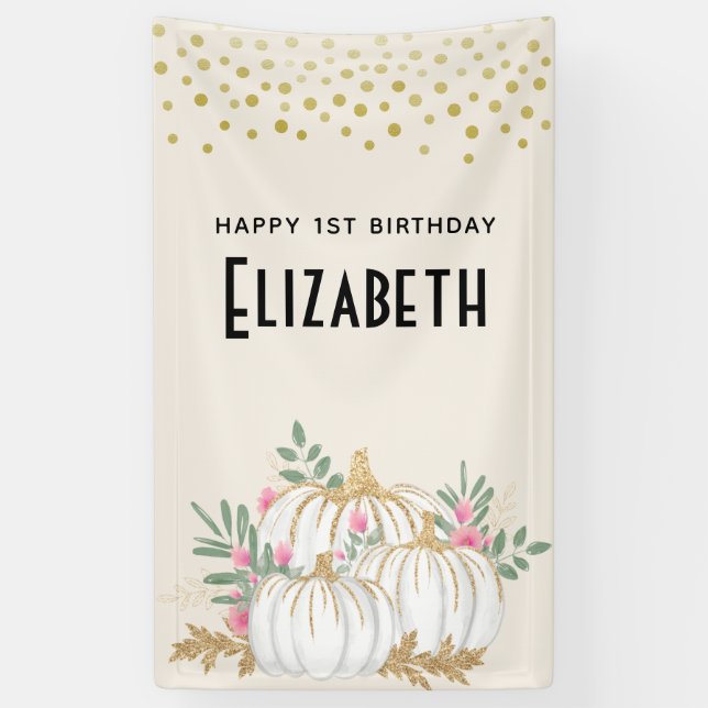 White and Gold Pumpkins Watercolor Birthday Banner (Vertical)