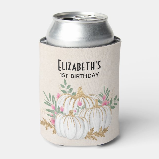White and Gold Pumpkins Watercolor Birthday Can Cooler (Can Front)