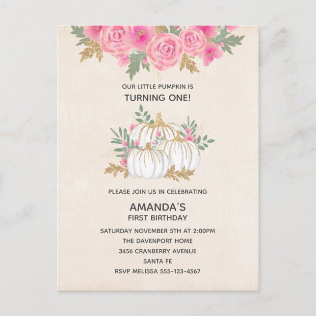 White and Gold Pumpkins Watercolor Birthday Invitation Postcard (Front)