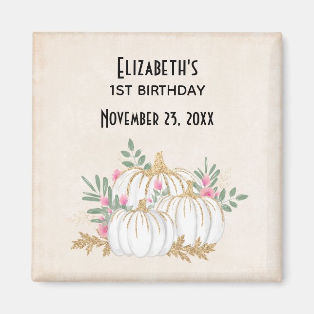 White and Gold Pumpkins Watercolor Birthday Magnet (Front)