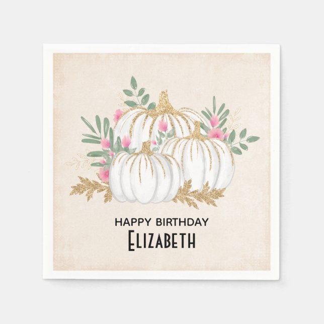 White and Gold Pumpkins Watercolor Birthday Napkin (Front)
