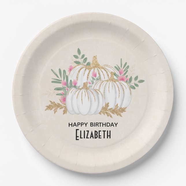 White and Gold Pumpkins Watercolor Birthday Paper Plate (Front)
