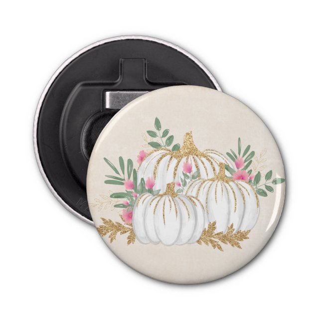 White and Gold Pumpkins Watercolor Bottle Opener (Front)