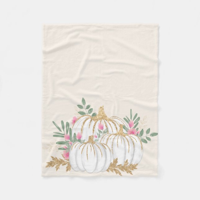 White and Gold Pumpkins Watercolor  Fleece Blanket (Front)
