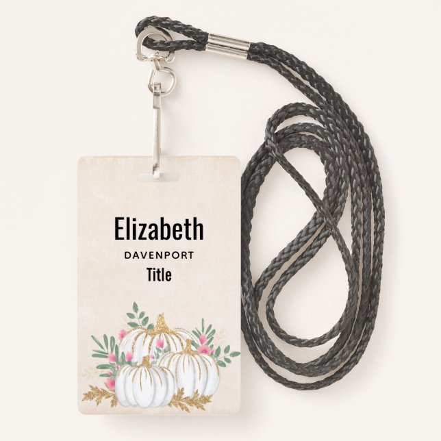  White and Gold Pumpkins Watercolor ID Badge (Front with Lanyard)