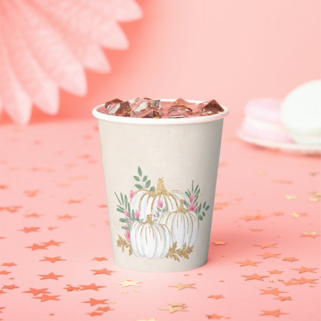 White and Gold Pumpkins Watercolor Paper Cups (Insitu)