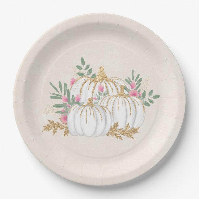  White and Gold Pumpkins Watercolor Paper Plate (Front)