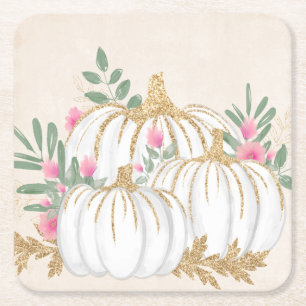 White and Gold Pumpkins Watercolor Square Paper Coaster