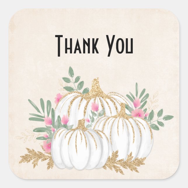 White and Gold Pumpkins Watercolor Square Sticker (Front)