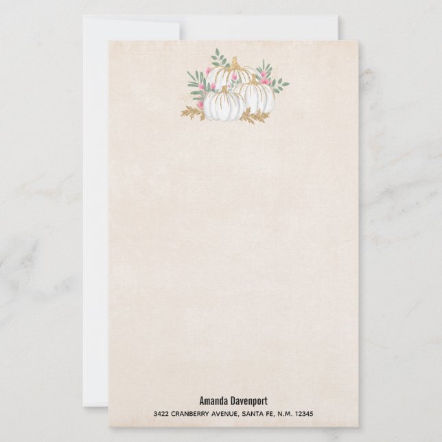 White and Gold Pumpkins Watercolor Stationery (Front)