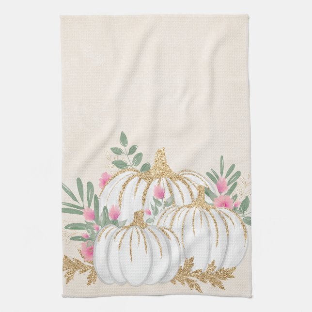 White and Gold Pumpkins Watercolor Tea Towel (Vertical)