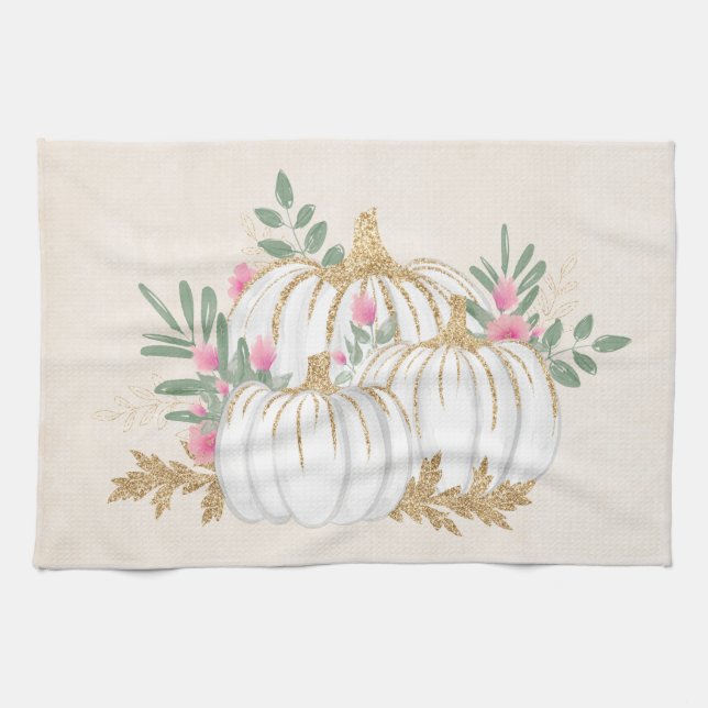White and Gold Pumpkins Watercolor Tea Towel (Horizontal)