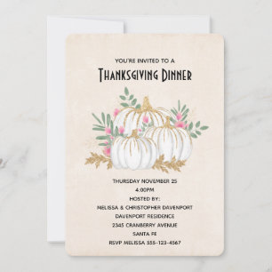 White and Gold Pumpkins Watercolor Thanksgiving Invitation