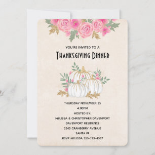 White and Gold Pumpkins Watercolor Thanksgiving Invitation