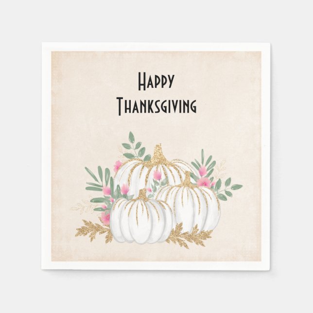 White and Gold Pumpkins Watercolor Thanksgiving Napkin (Front)