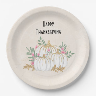  White and Gold Pumpkins Watercolor Thanksgiving Paper Plate