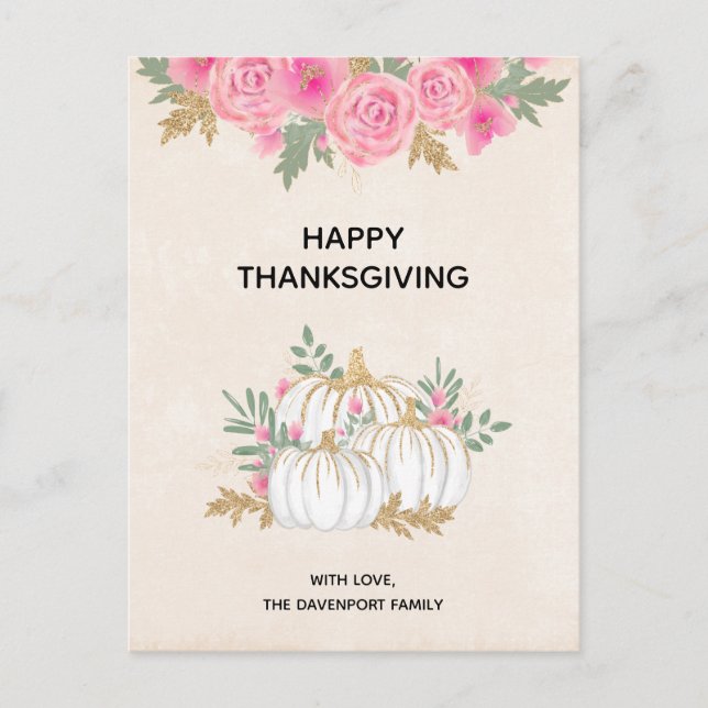 White and Gold Pumpkins Watercolor Thanksgiving Postcard (Front)