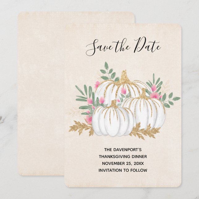 White and Gold Pumpkins Watercolor Thanksgiving Save The Date (Front/Back)