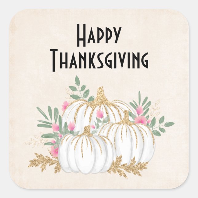White and Gold Pumpkins Watercolor Thanksgiving Square Sticker (Front)
