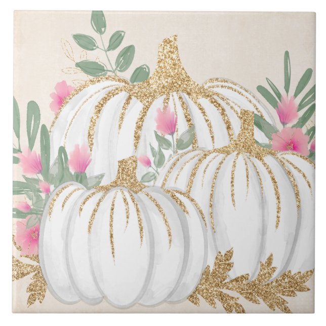 White and Gold Pumpkins Watercolor Tile (Front)