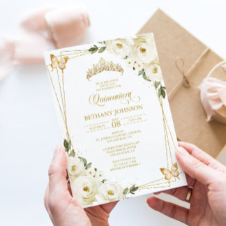 White and Gold Quinceañera Invitation