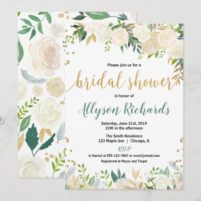 White and gold roses floral bridal wedding shower invitation (Front/Back)